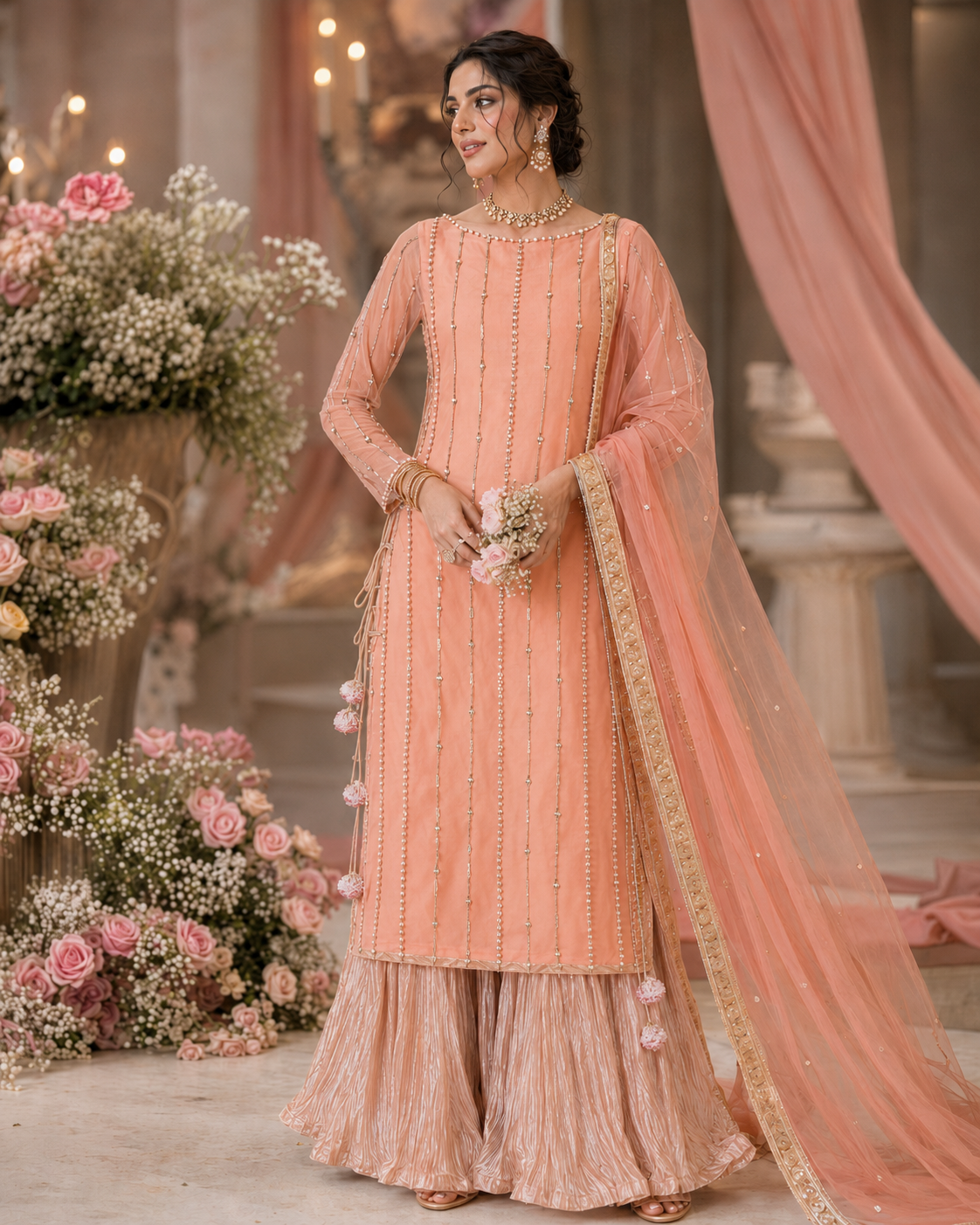 Nazneen Peach Pearl & Sitara Gharara Ensemble