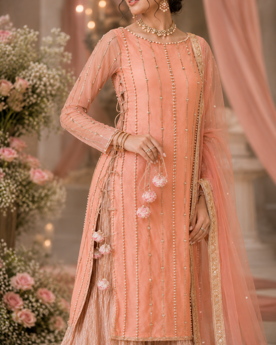 Nazneen Peach Pearl & Sitara Gharara Ensemble
