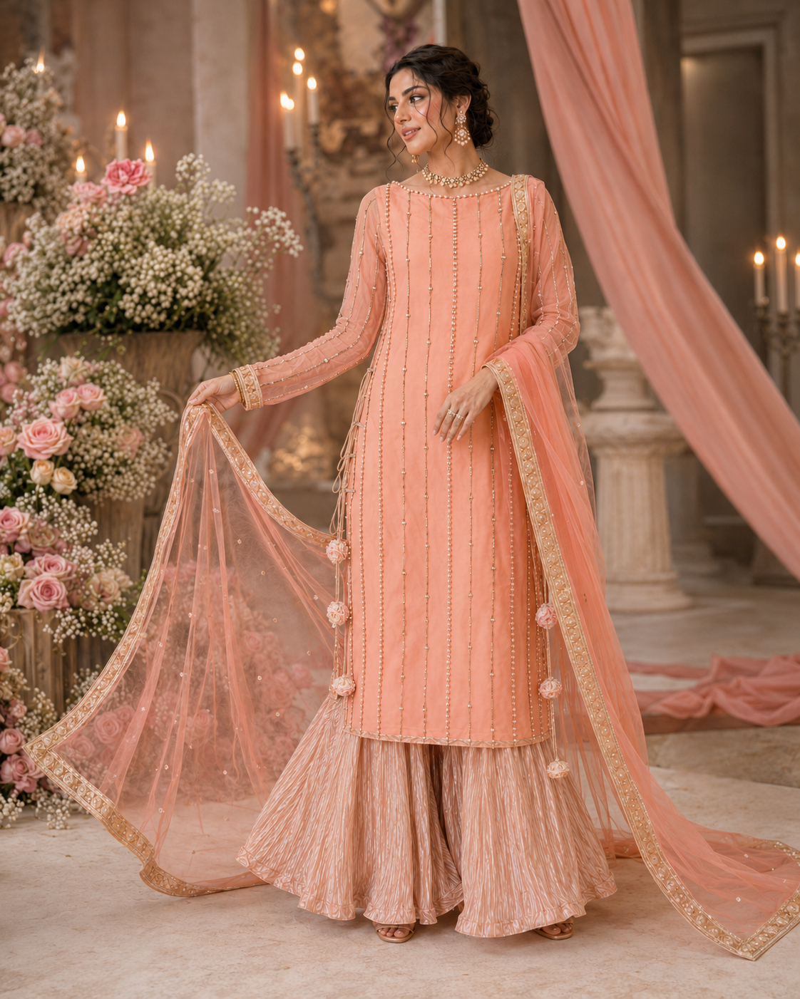 Nazneen Peach Pearl & Sitara Gharara Ensemble