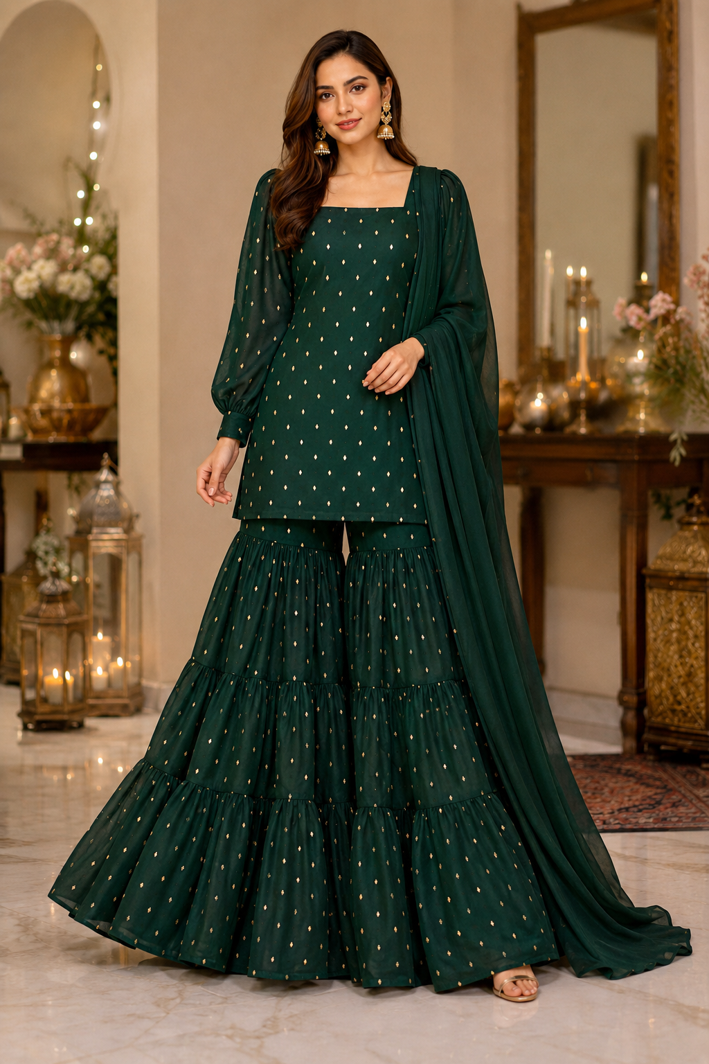 Armina Bottle Green Sitara Gharara Ensemble