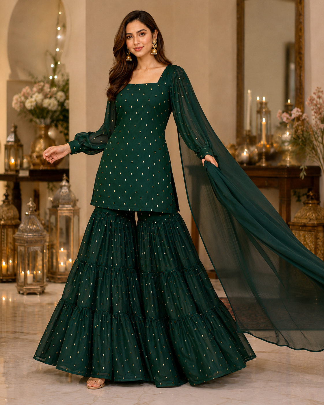 Armina Bottle Green Sitara Gharara Ensemble