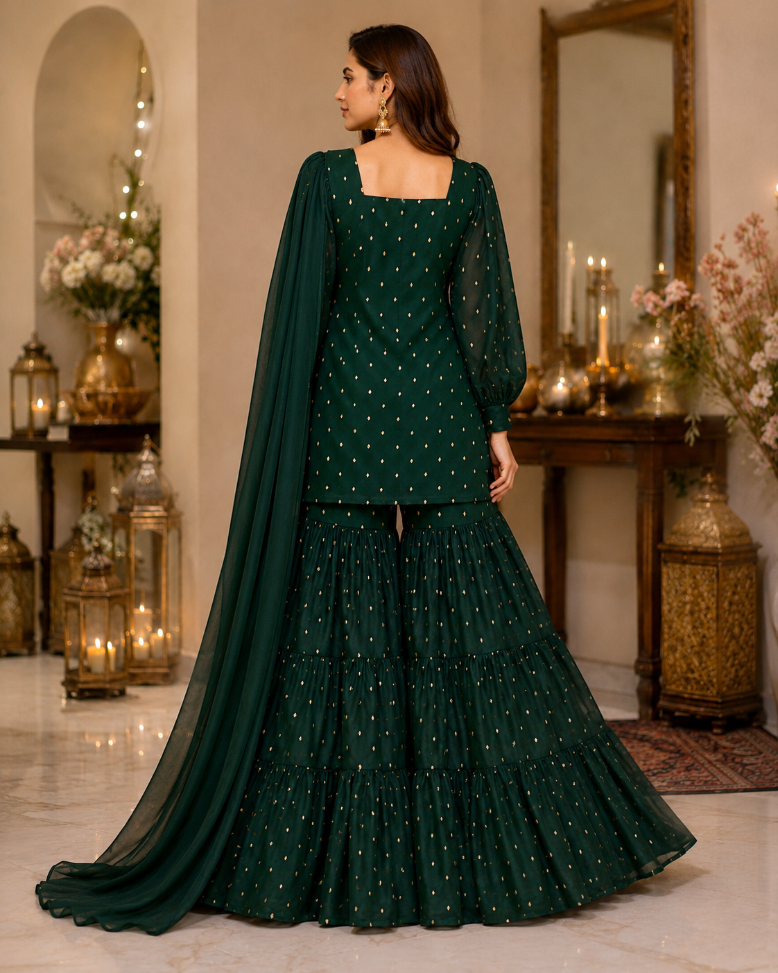 Armina Bottle Green Sitara Gharara Ensemble