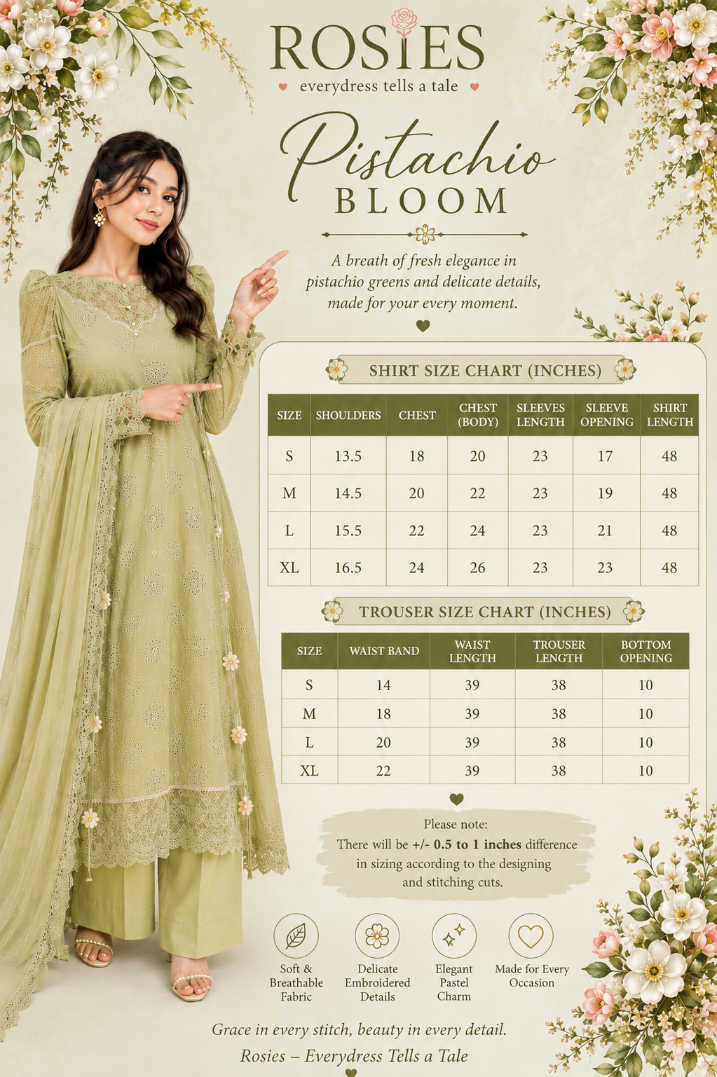 Pistachio Bloom - 3 Piece Embroidered Set