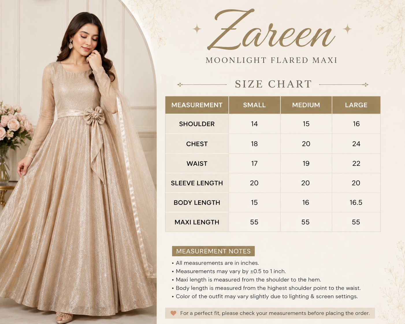 Zareen Champagne Moonlight Flared Maxi
